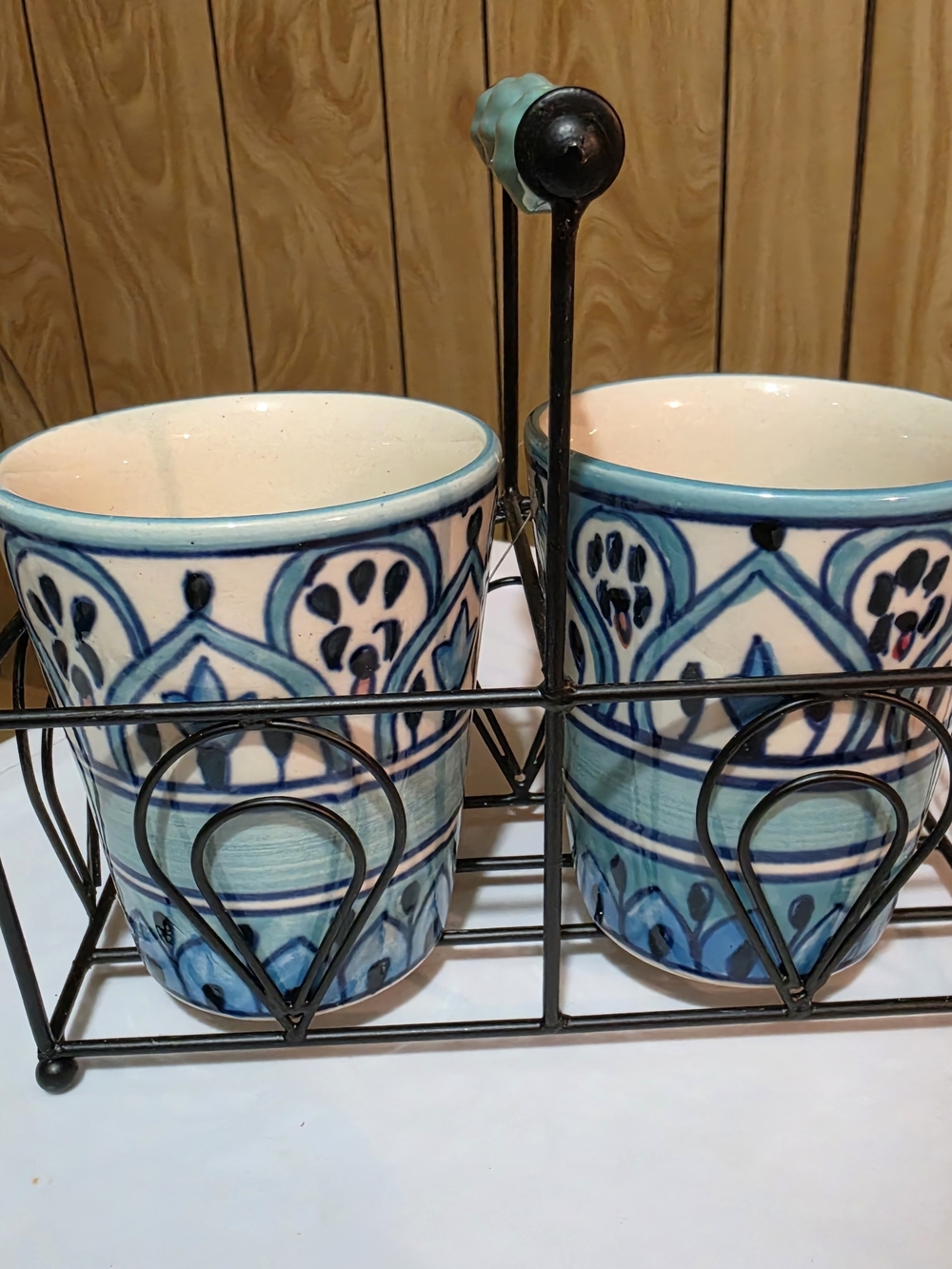 Blue Patterned Ceramic Utensil Holder Set with Metal Caddy